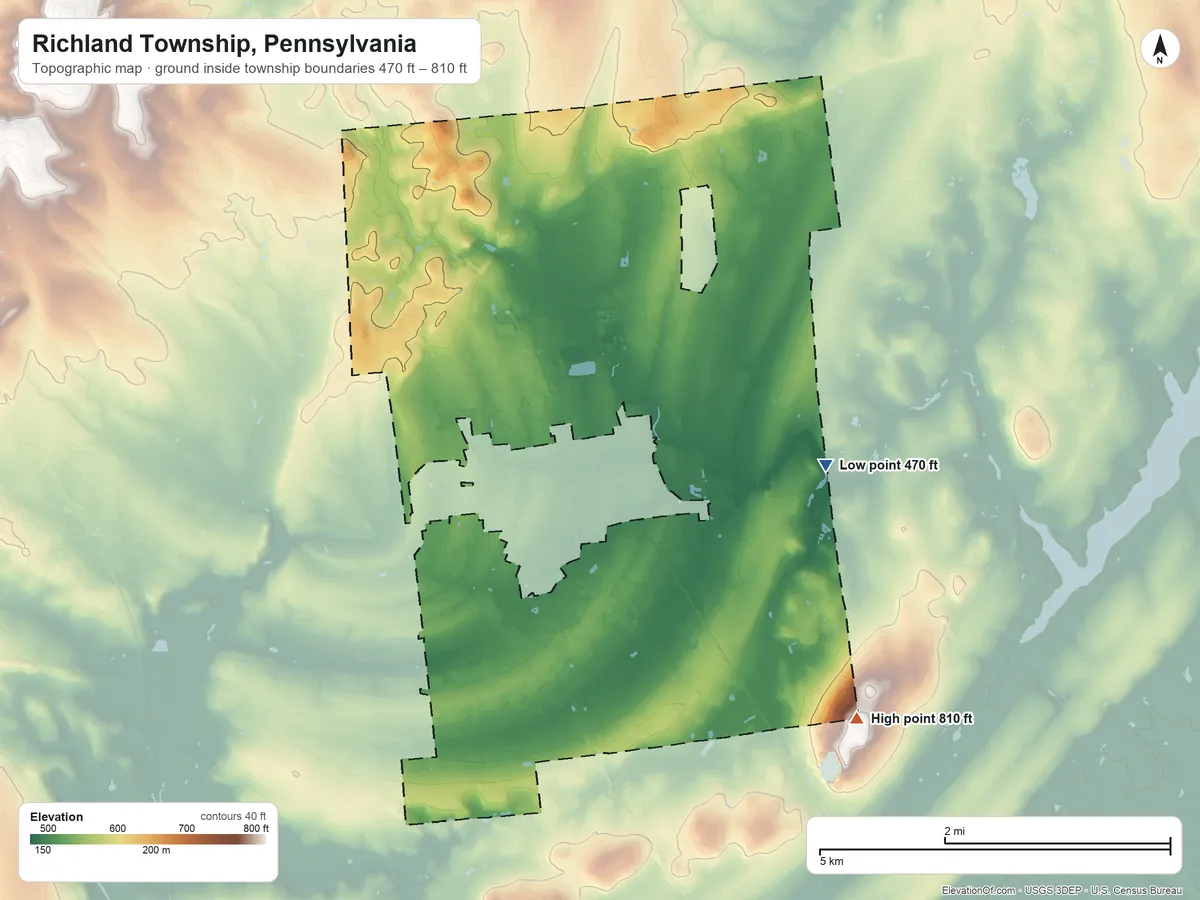 Topographic elevation map of Richland Township, Pennsylvania, shaded from 470 ft on the east side to 810 ft on the southeast edge, below higher ground just outside