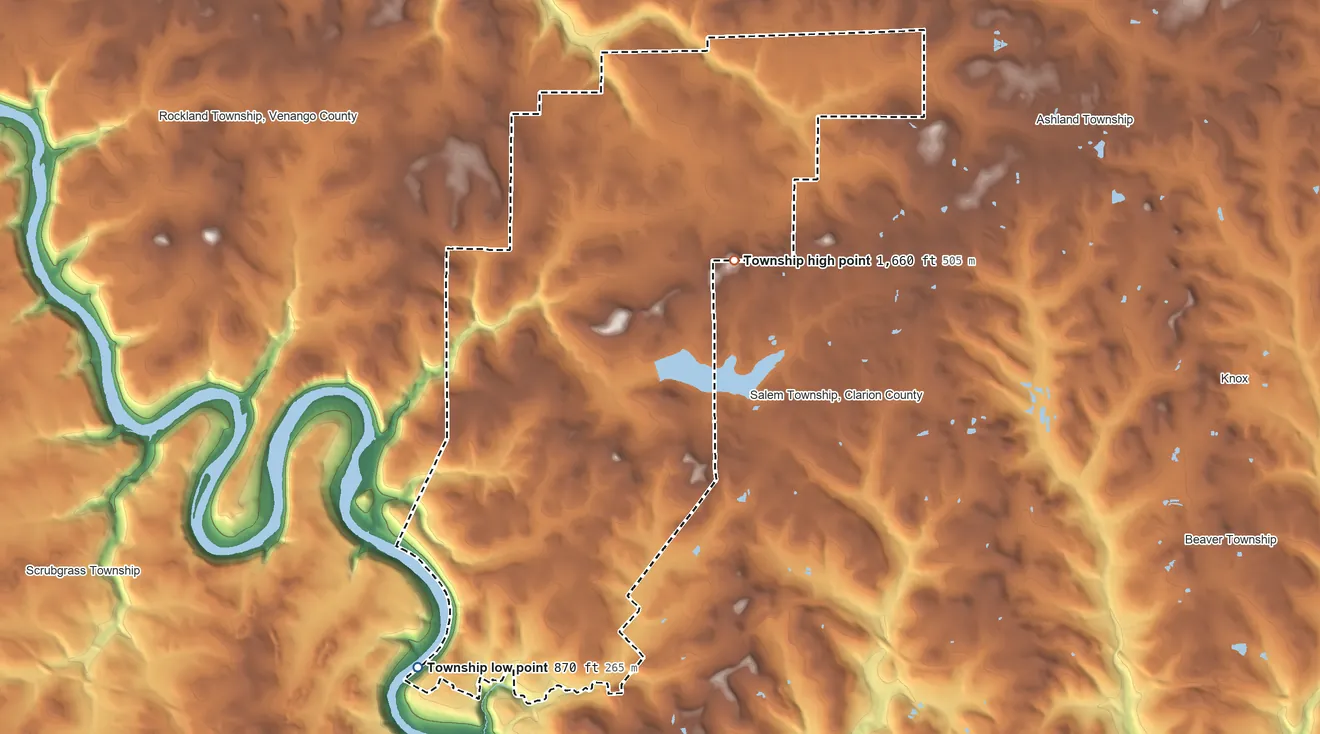 Topographic elevation map of Richland Township, Venango County, Pennsylvania, shaded from 870 ft on the southwest side to 1,660 ft on the northeast side