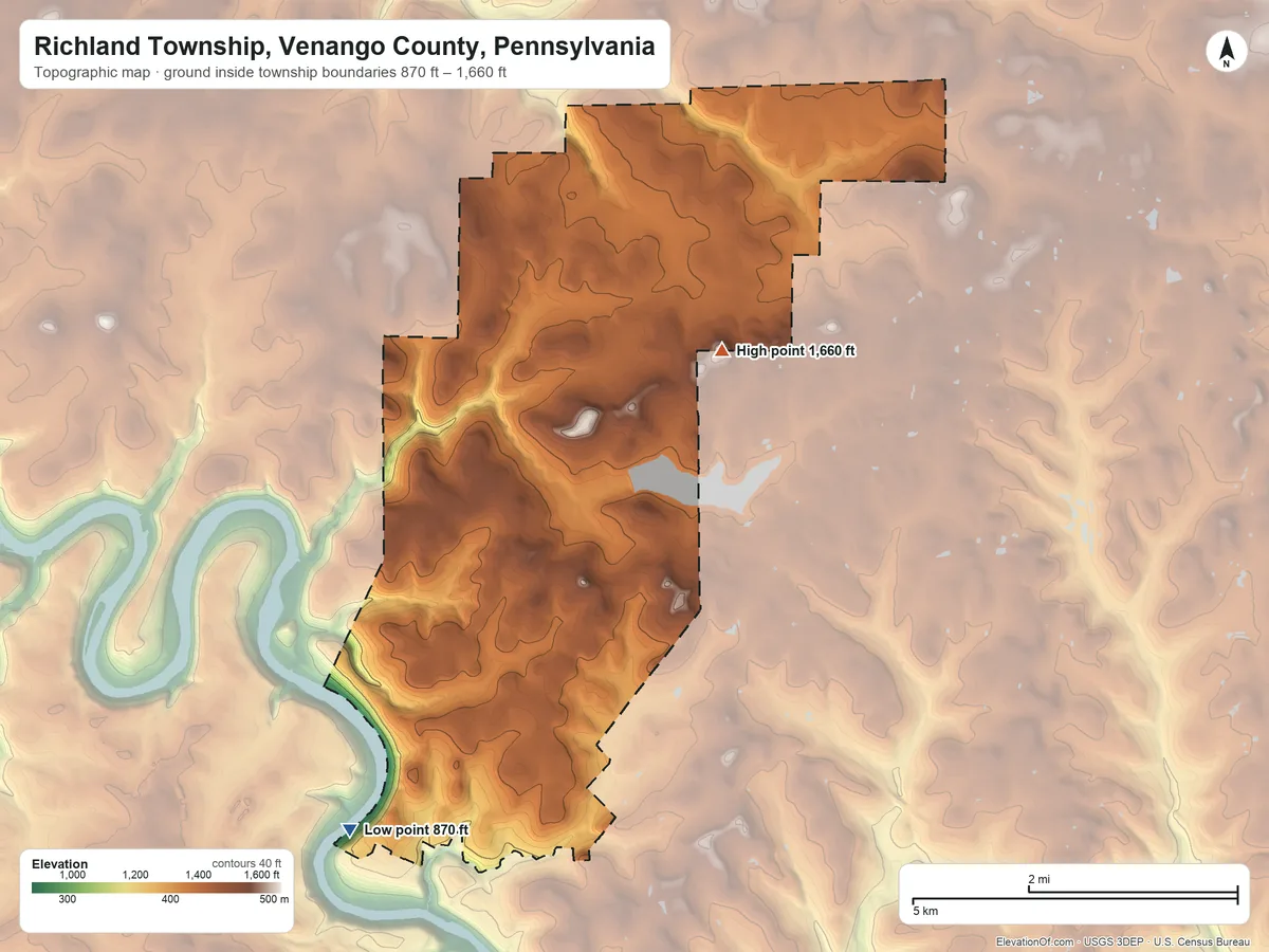 Topographic elevation map of Richland Township, Venango County, Pennsylvania, shaded from 870 ft on the southwest side to 1,660 ft on the northeast side