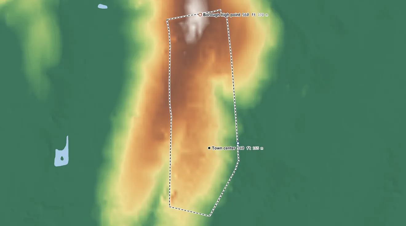 Topographic elevation map of Richlandtown, Pennsylvania, shaded from 510 ft on the east side to 560 ft on the north side