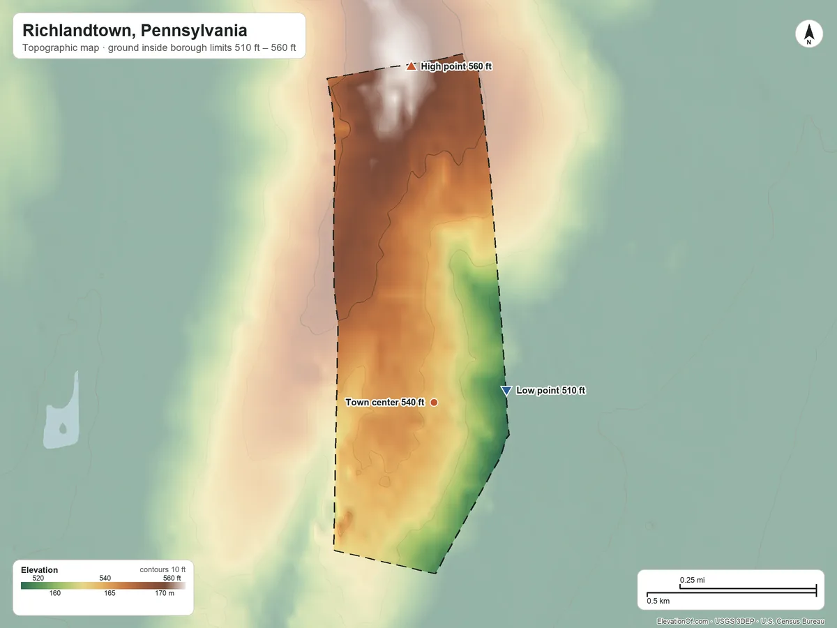 Topographic elevation map of Richlandtown, Pennsylvania, shaded from 510 ft on the east side to 560 ft on the north side