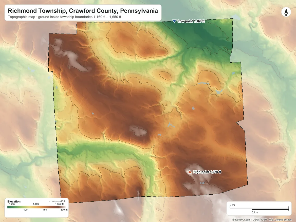 Topographic elevation map of Richmond Township, Crawford County, Pennsylvania, shaded from 1,160 ft on the north side to 1,650 ft on the southeast side
