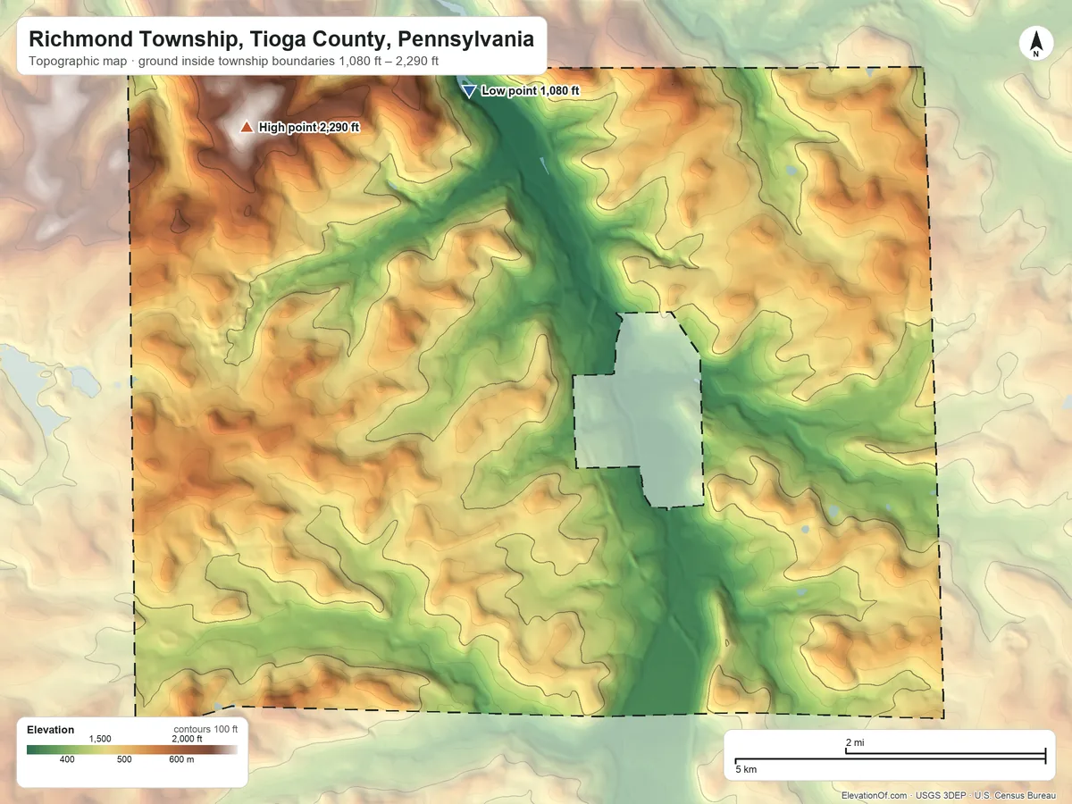 Topographic elevation map of Richmond Township, Tioga County, Pennsylvania, shaded from 1,080 ft on the north side to 2,290 ft on the northwest side