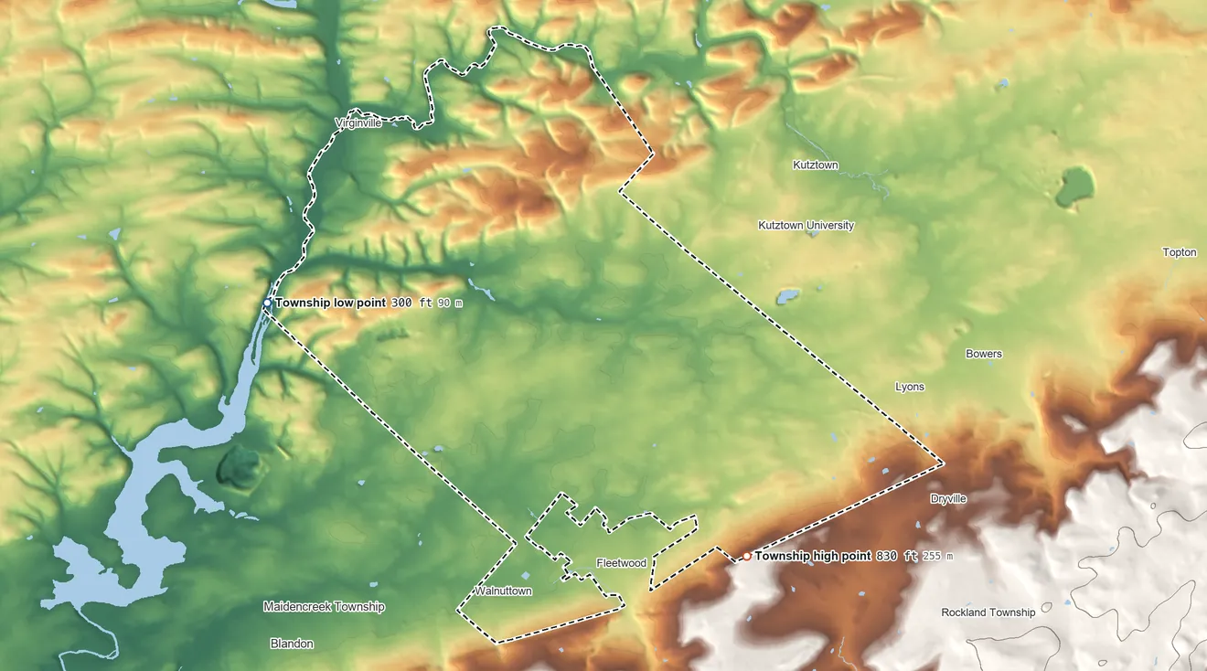 Topographic elevation map of Richmond Township, Pennsylvania, shaded from 300 ft on the west side to 830 ft on the southeast side