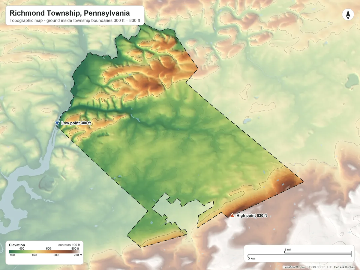 Topographic elevation map of Richmond Township, Pennsylvania, shaded from 300 ft on the west side to 830 ft on the southeast side