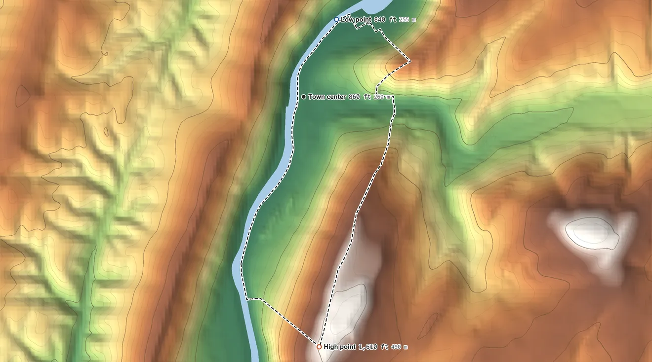 Topographic elevation map of Riddlesburg, Pennsylvania, shaded from 840 ft on the northeast side to 1,610 ft on the south side