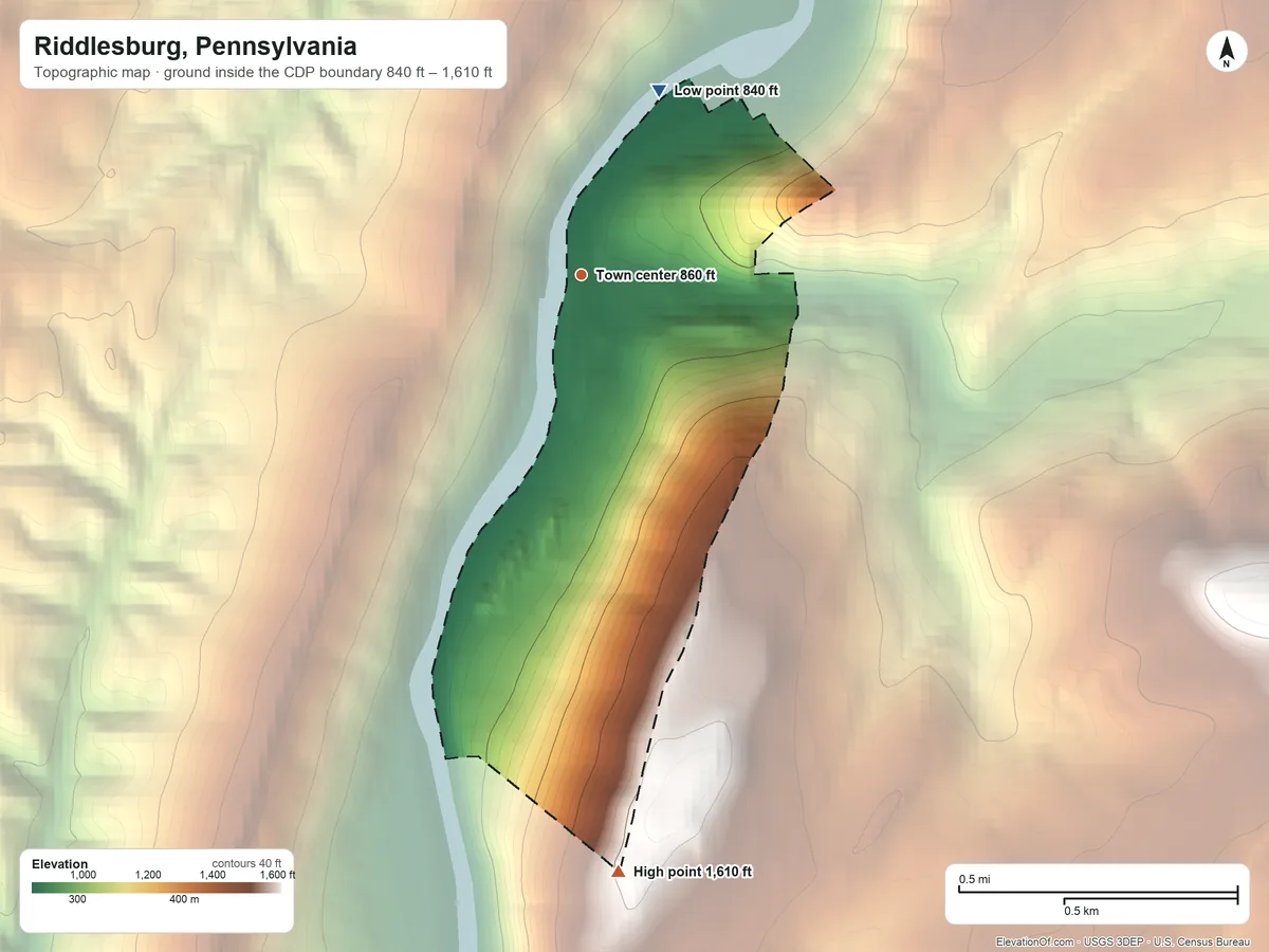 Topographic elevation map of Riddlesburg, Pennsylvania, shaded from 840 ft on the northeast side to 1,610 ft on the south side