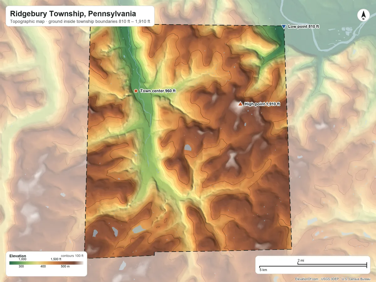 Topographic elevation map of Ridgebury Township, Pennsylvania, shaded from 810 ft on the northeast side to 1,910 ft on Durkee Hill