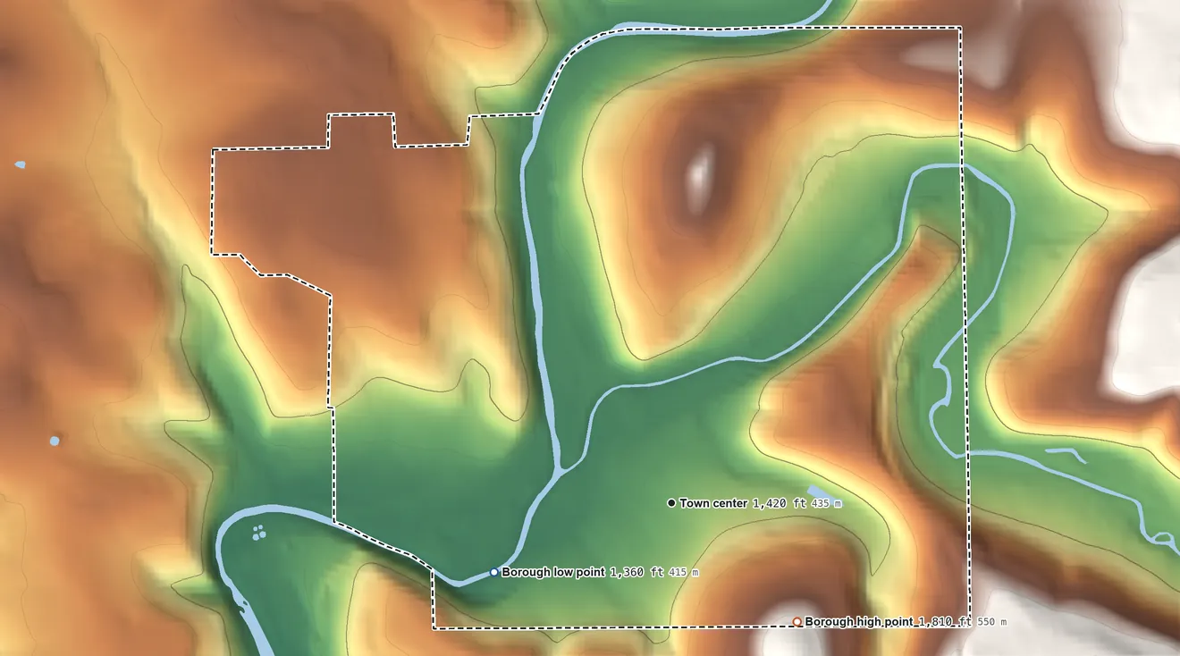 Topographic elevation map of Ridgway, Pennsylvania, shaded from 1,360 ft on the west side to 1,810 ft on the southeast edge, below higher ground just outside