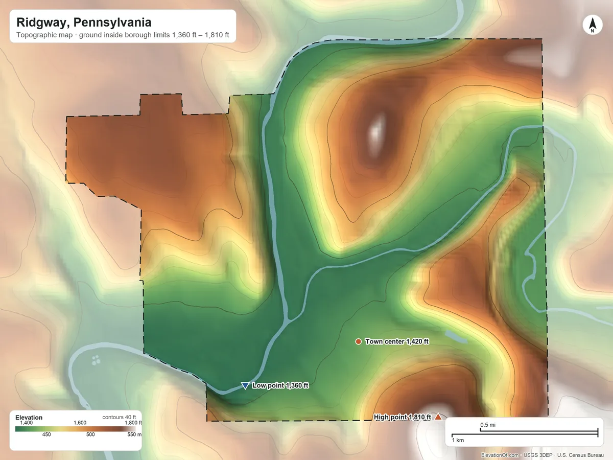 Topographic elevation map of Ridgway, Pennsylvania, shaded from 1,360 ft on the west side to 1,810 ft on the southeast edge, below higher ground just outside