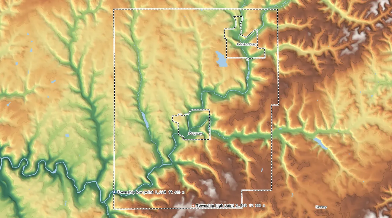Topographic elevation map of Ridgway Township, Pennsylvania, shaded from 1,320 ft on the southwest side to 2,260 ft on the south side