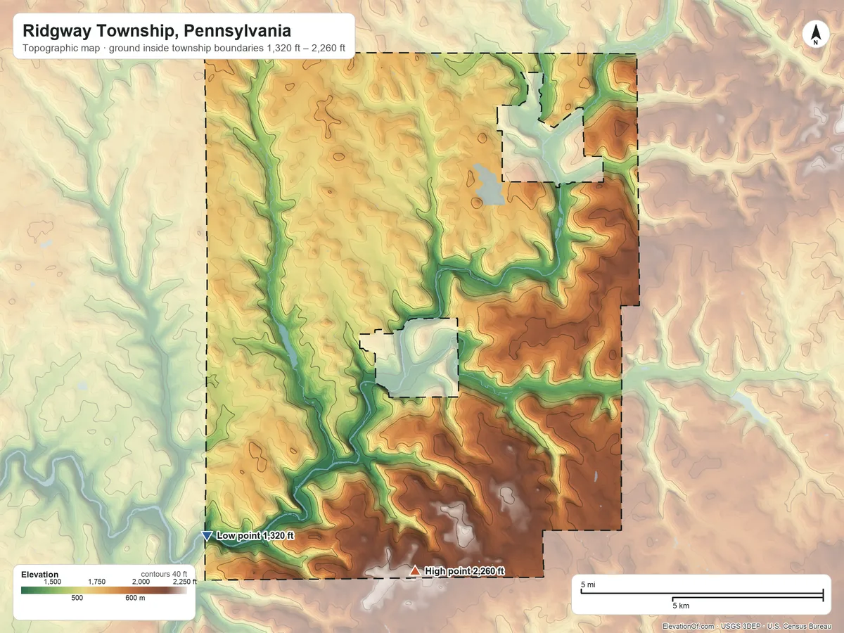 Topographic elevation map of Ridgway Township, Pennsylvania, shaded from 1,320 ft on the southwest side to 2,260 ft on the south side
