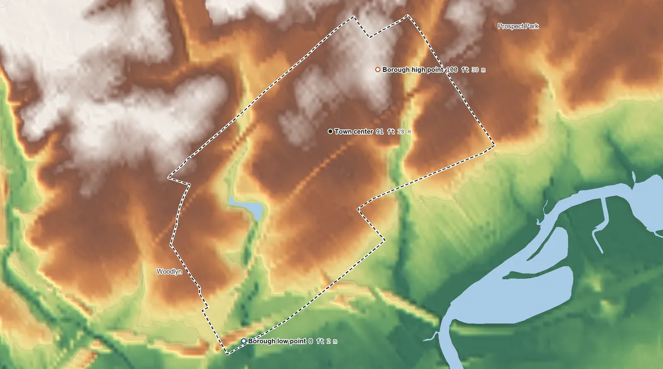 Topographic elevation map of Ridley Park, Pennsylvania, shaded from 8 ft on the south side to 100 ft on the northeast side