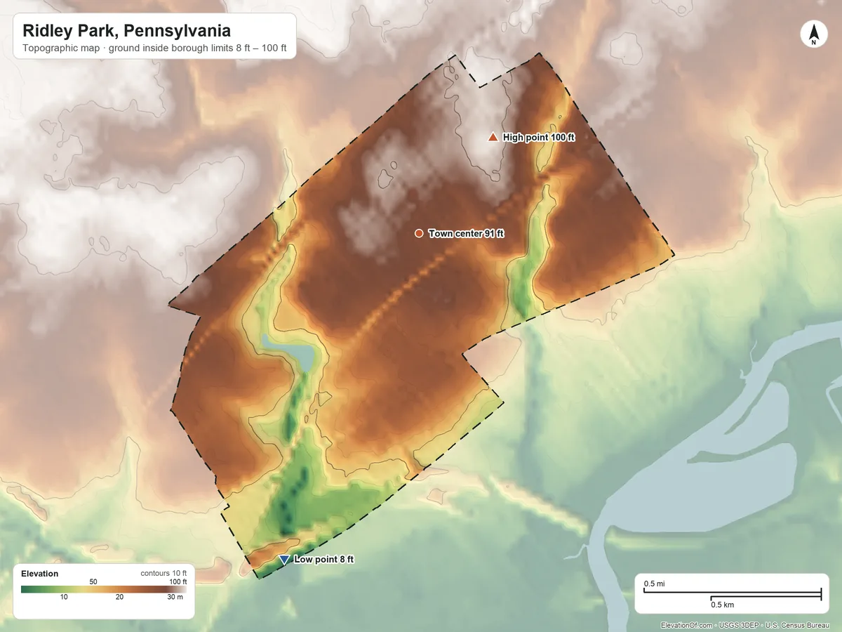 Topographic elevation map of Ridley Park, Pennsylvania, shaded from 8 ft on the south side to 100 ft on the northeast side