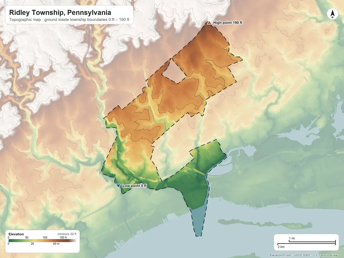 Topographic elevation map of Ridley Township, Pennsylvania, shaded from 0 ft on the southwest side to 190 ft on the north side