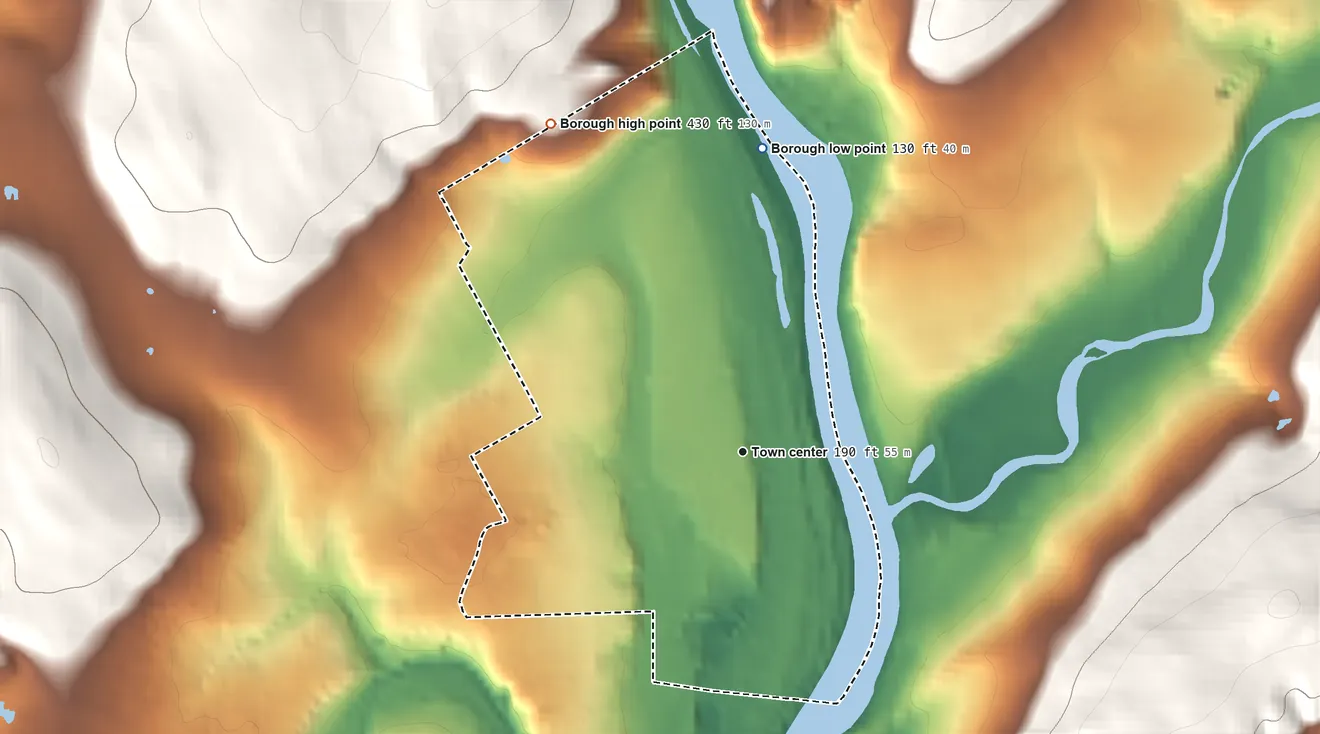 Topographic elevation map of Riegelsville, Pennsylvania, shaded from 130 ft on the north side to 430 ft on the northwest side