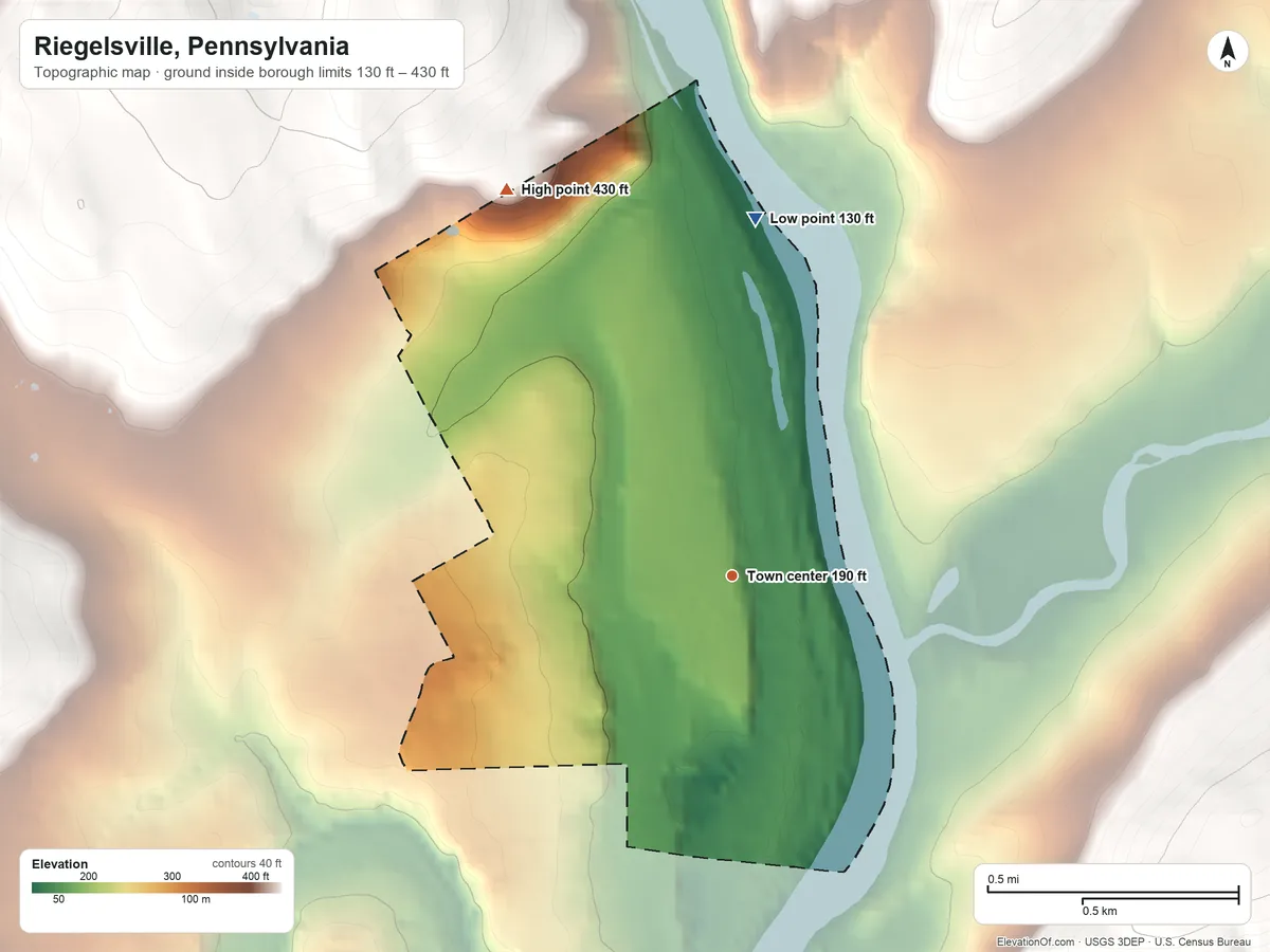 Topographic elevation map of Riegelsville, Pennsylvania, shaded from 130 ft on the north side to 430 ft on the northwest side