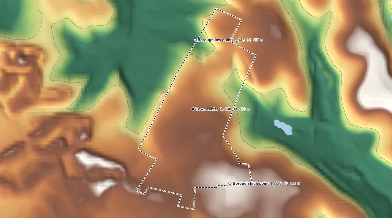 Topographic elevation map of Rimersburg, Pennsylvania, shaded from 1,340 ft on the north side to 1,530 ft on the southeast side