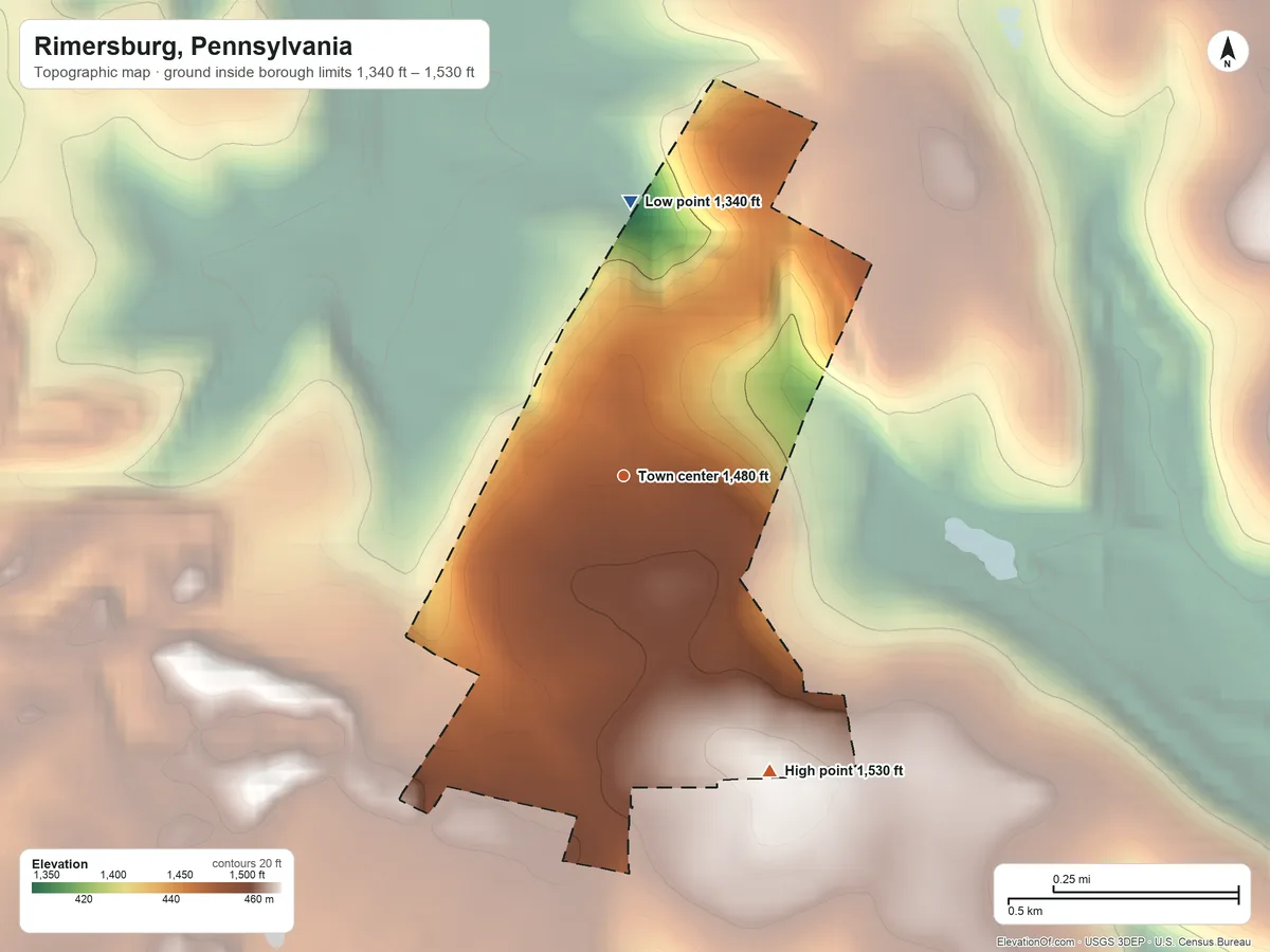 Topographic elevation map of Rimersburg, Pennsylvania, shaded from 1,340 ft on the north side to 1,530 ft on the southeast side