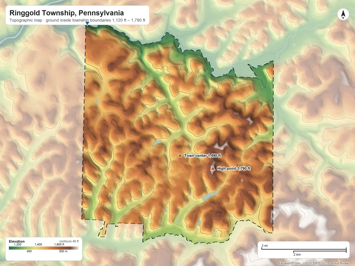 Topographic elevation map of Ringgold Township, Pennsylvania, shaded from 1,120 ft on the northwest side to 1,790 ft on the east side