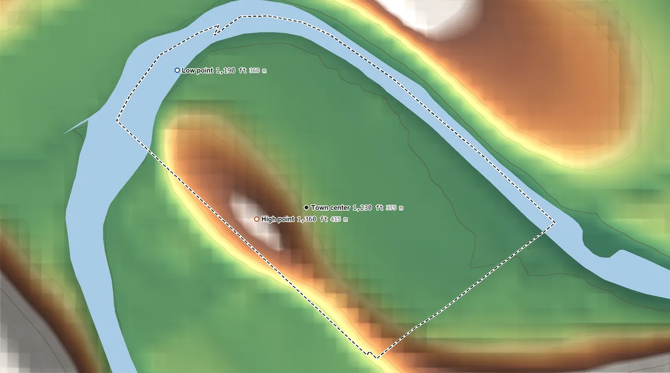 Topographic elevation map of Riverside, Cambria County, Pennsylvania, shaded from 1,190 ft on the northwest side to 1,360 ft at the foot of the Laurel Hill