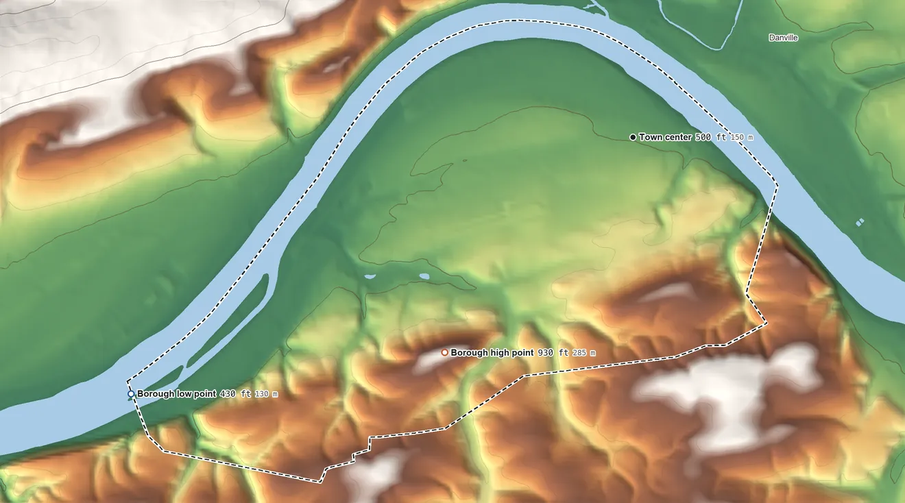 Topographic elevation map of Riverside, Pennsylvania, shaded from 430 ft on the southwest side to 930 ft on the southwest side