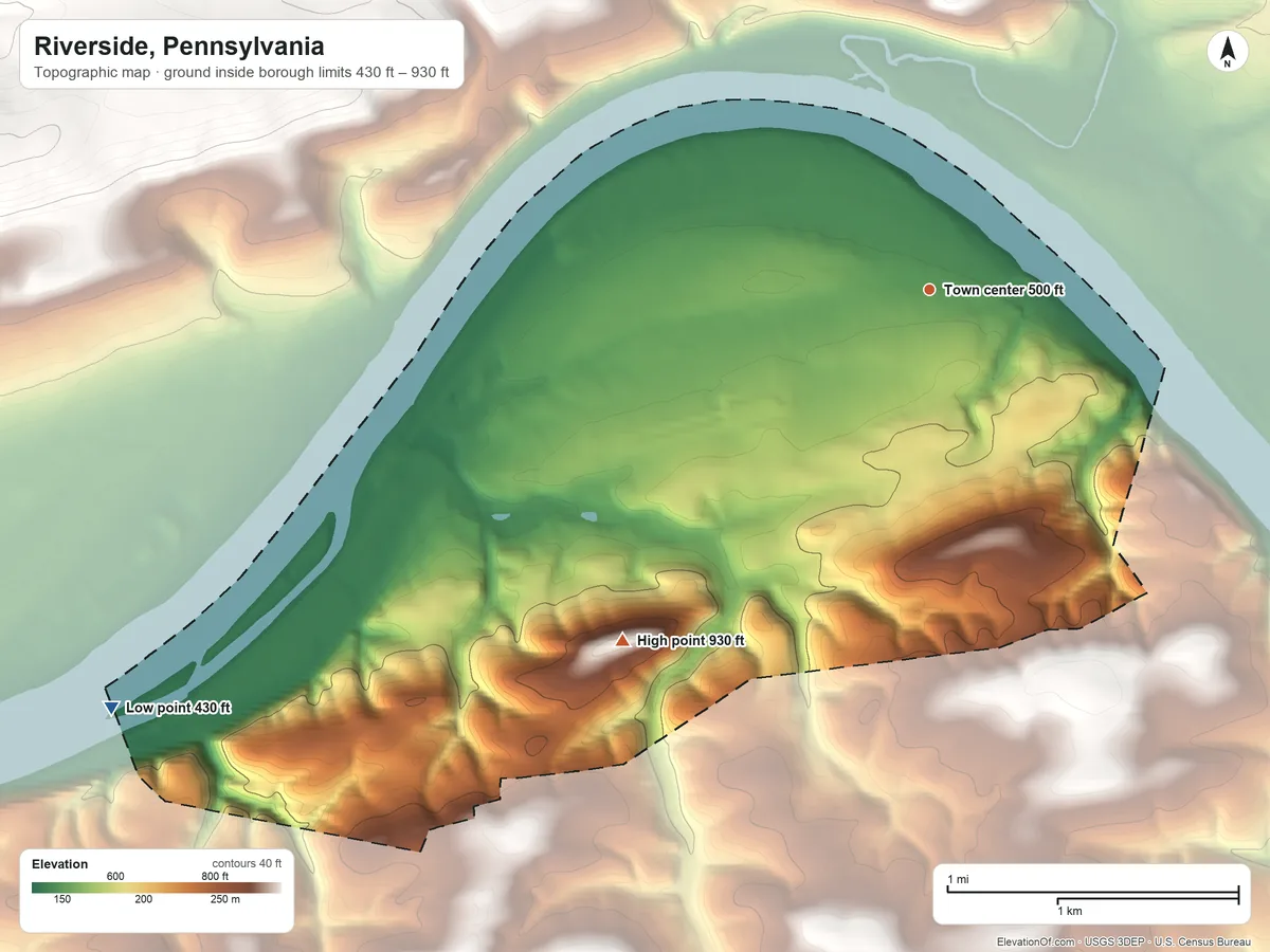 Topographic elevation map of Riverside, Pennsylvania, shaded from 430 ft on the southwest side to 930 ft on the southwest side
