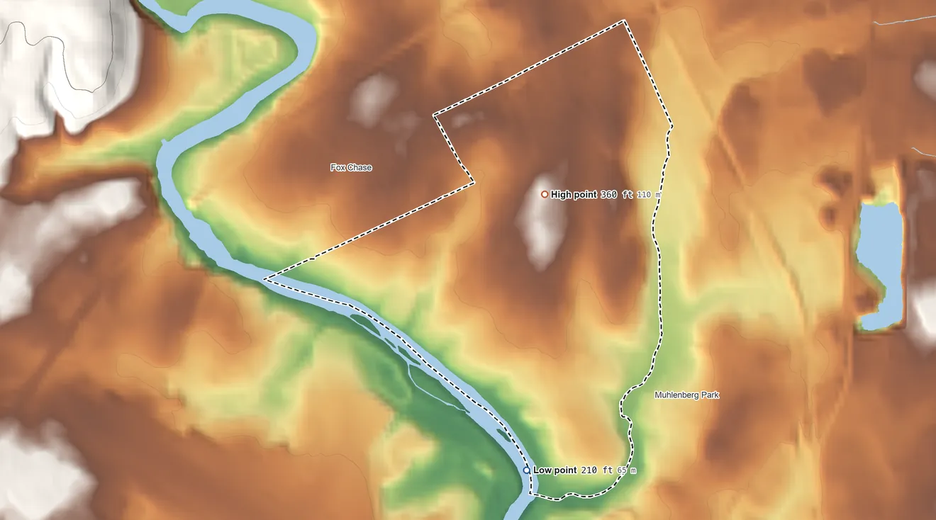 Topographic elevation map of Riverview Park, Pennsylvania, shaded from 210 ft on the south side to 360 ft near the middle