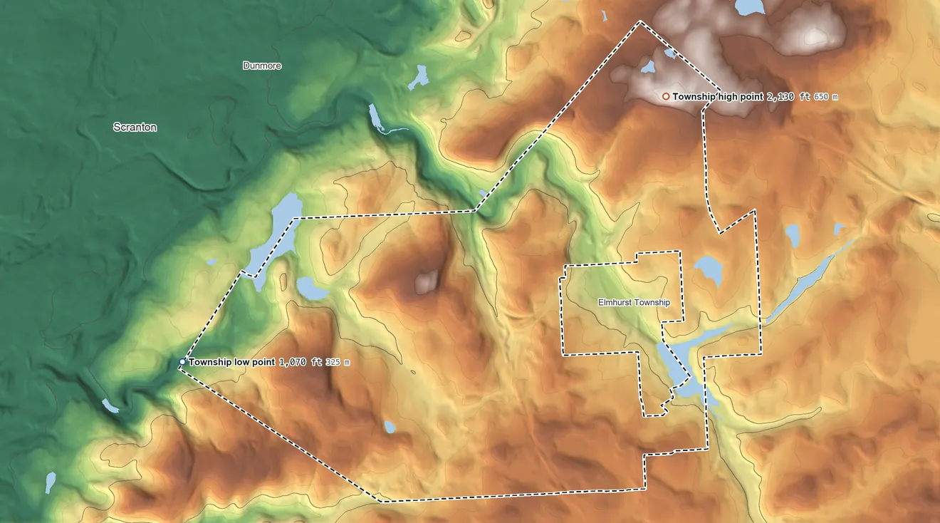 Topographic elevation map of Roaring Brook Township, Pennsylvania, shaded from 1,070 ft on the west side to 2,130 ft on the north side