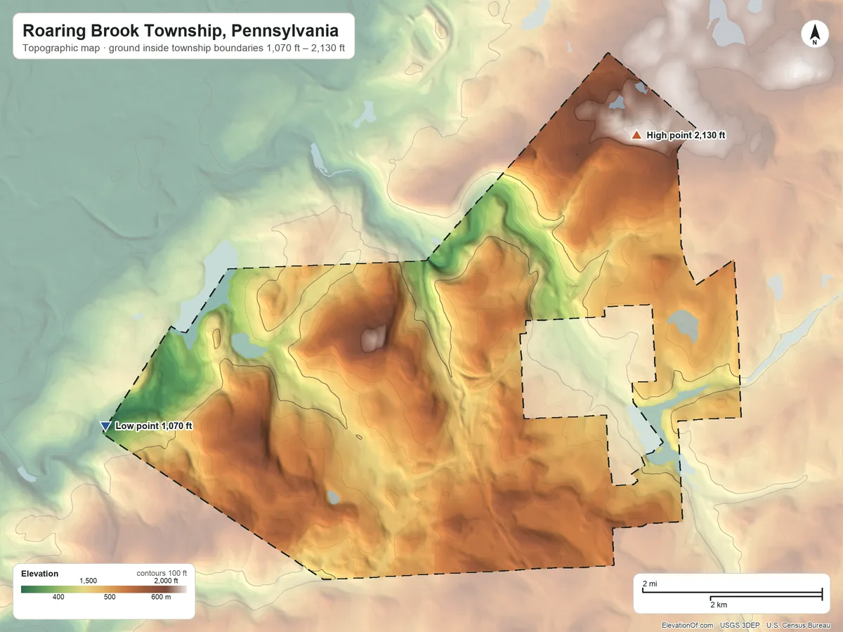 Topographic elevation map of Roaring Brook Township, Pennsylvania, shaded from 1,070 ft on the west side to 2,130 ft on the north side
