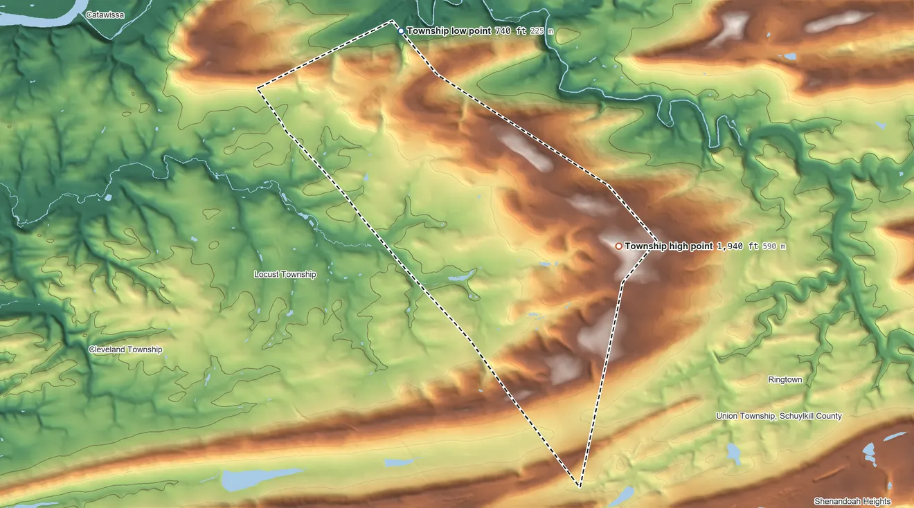 Topographic elevation map of Roaring Creek Township, Pennsylvania, shaded from 740 ft on the north side to 1,940 ft on Catawissa Mountain
