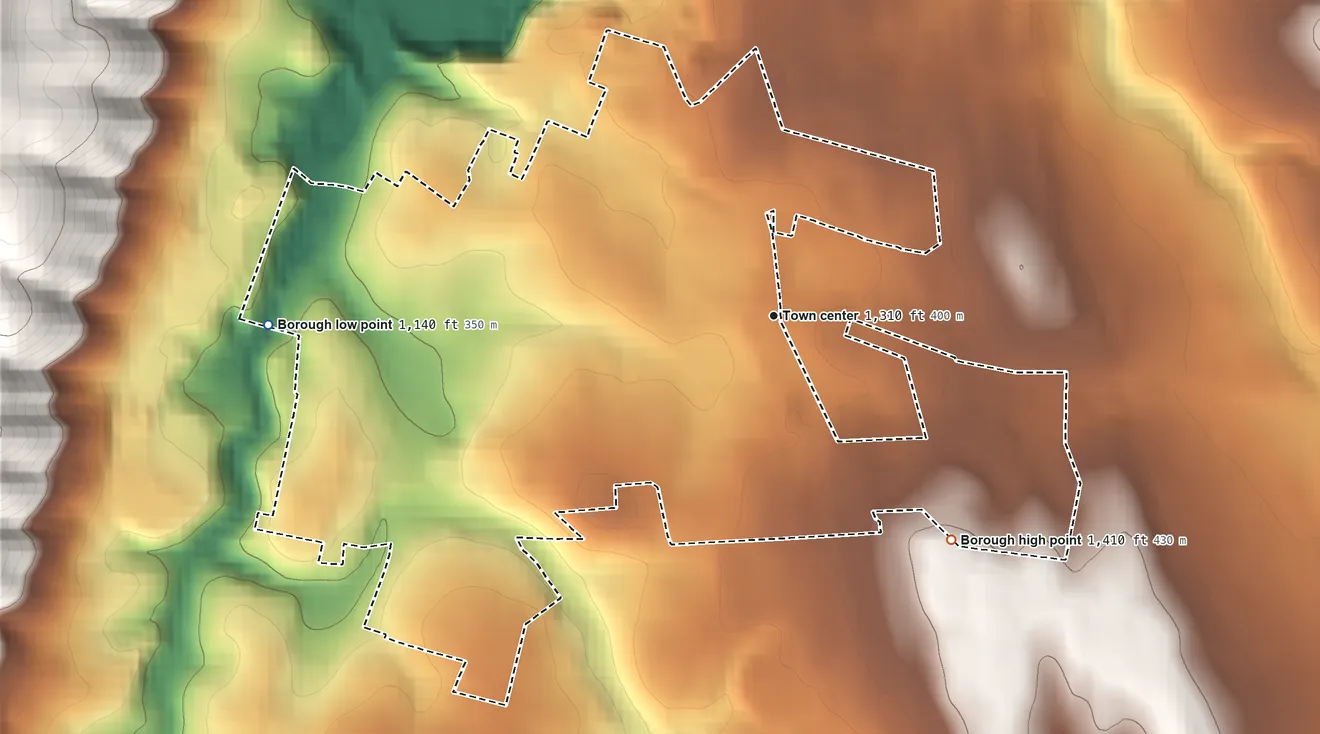 Topographic elevation map of Roaring Spring, Pennsylvania, shaded from 1,140 ft on the west side to 1,410 ft at the foot of the Tussey Mountain