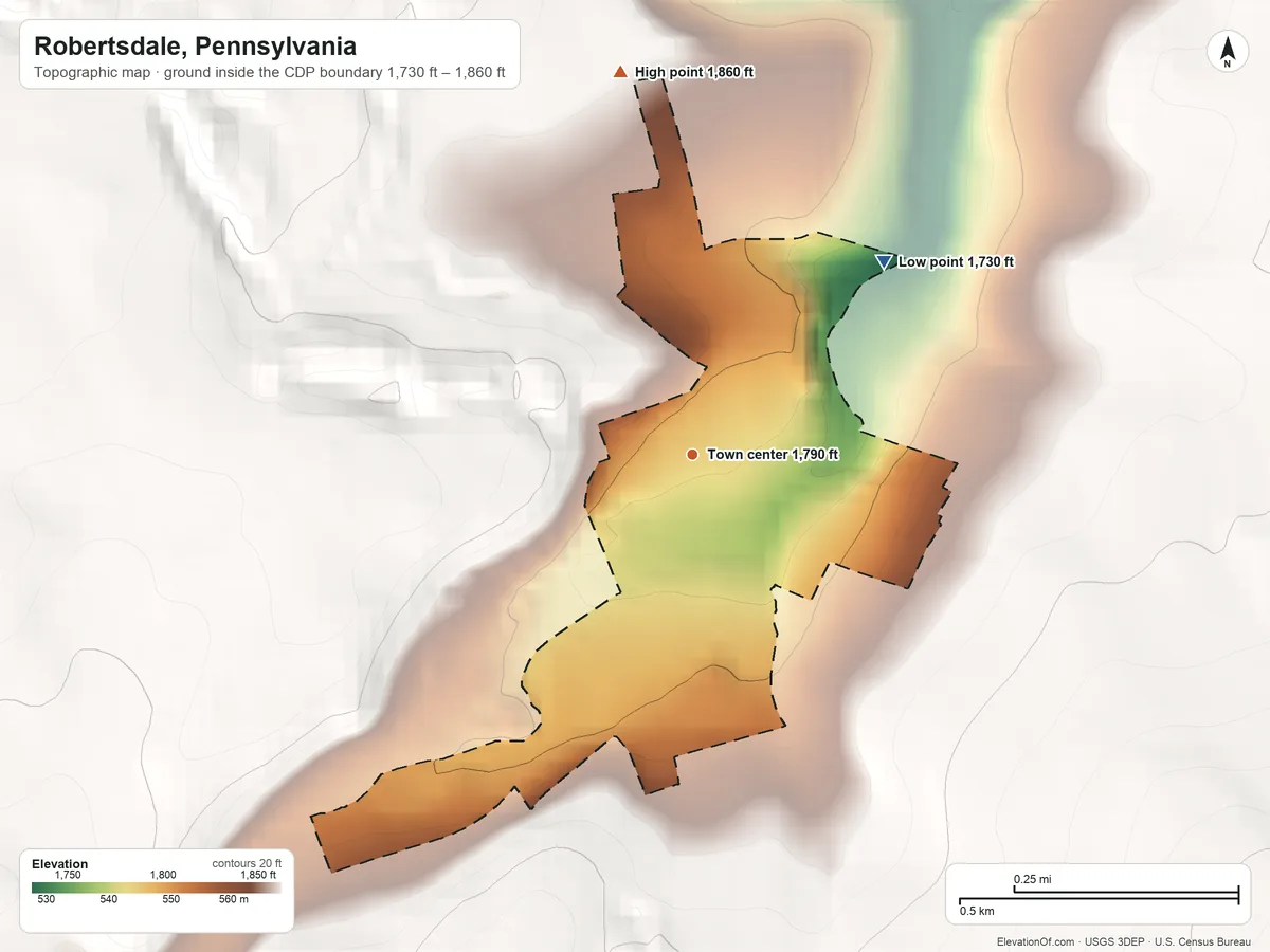 Topographic elevation map of Robertsdale, Pennsylvania, shaded from 1,730 ft on the northeast side to 1,860 ft on the north side