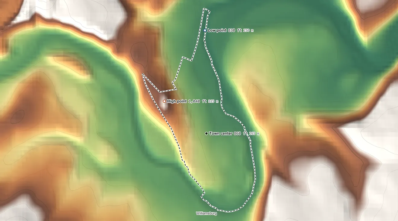 Topographic elevation map of Robeson Extension, Pennsylvania, shaded from 830 ft on the north side to 1,040 ft on the northwest edge, below higher ground just outside