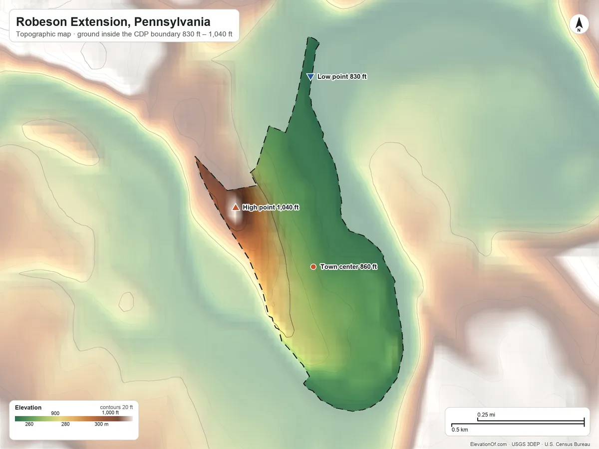 Topographic elevation map of Robeson Extension, Pennsylvania, shaded from 830 ft on the north side to 1,040 ft on the northwest edge, below higher ground just outside