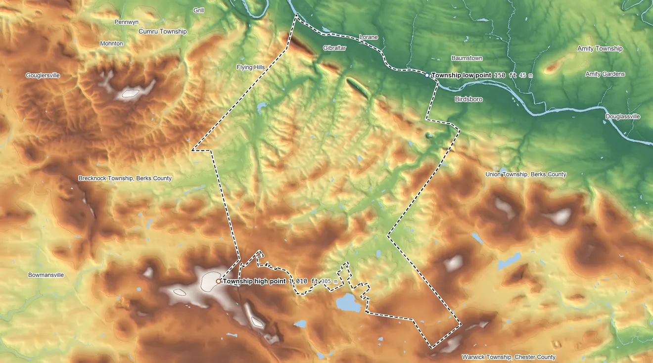 Topographic elevation map of Robeson Township, Pennsylvania, shaded from 150 ft on the northeast side to 1,010 ft on the southwest side