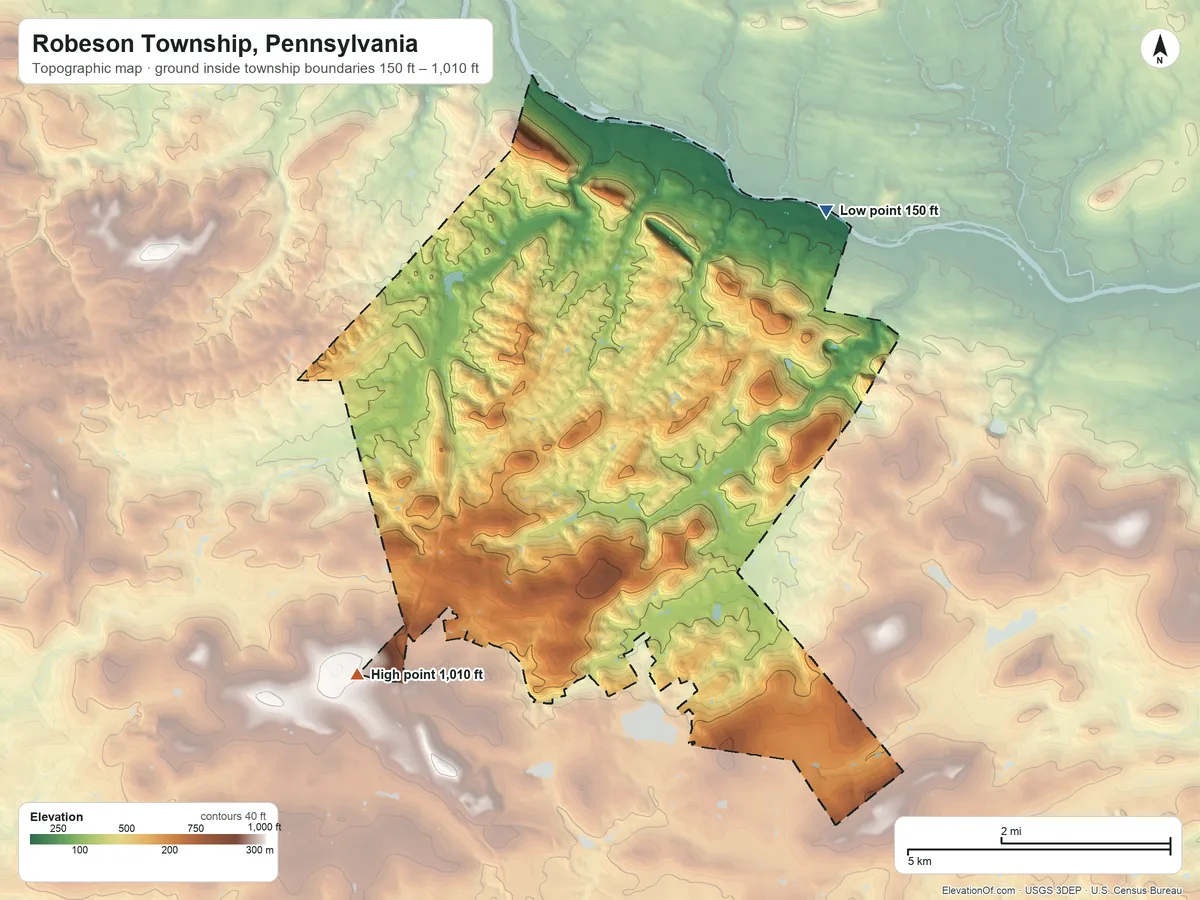 Topographic elevation map of Robeson Township, Pennsylvania, shaded from 150 ft on the northeast side to 1,010 ft on the southwest side