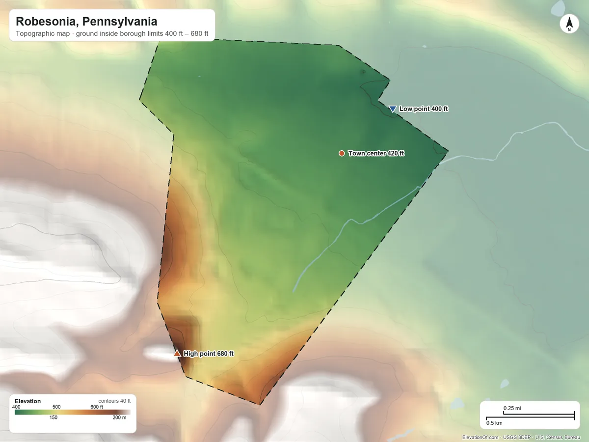 Topographic elevation map of Robesonia, Pennsylvania, shaded from 400 ft on the northeast side to 680 ft at the foot of the South Mountain