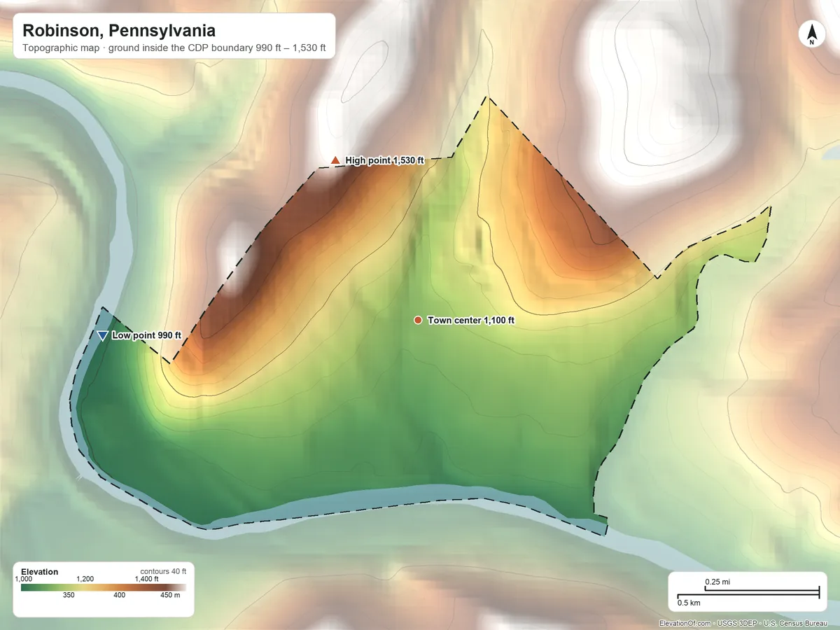 Topographic elevation map of Robinson, Pennsylvania, shaded from 990 ft on the west side to 1,530 ft at the foot of the Laurel Hill