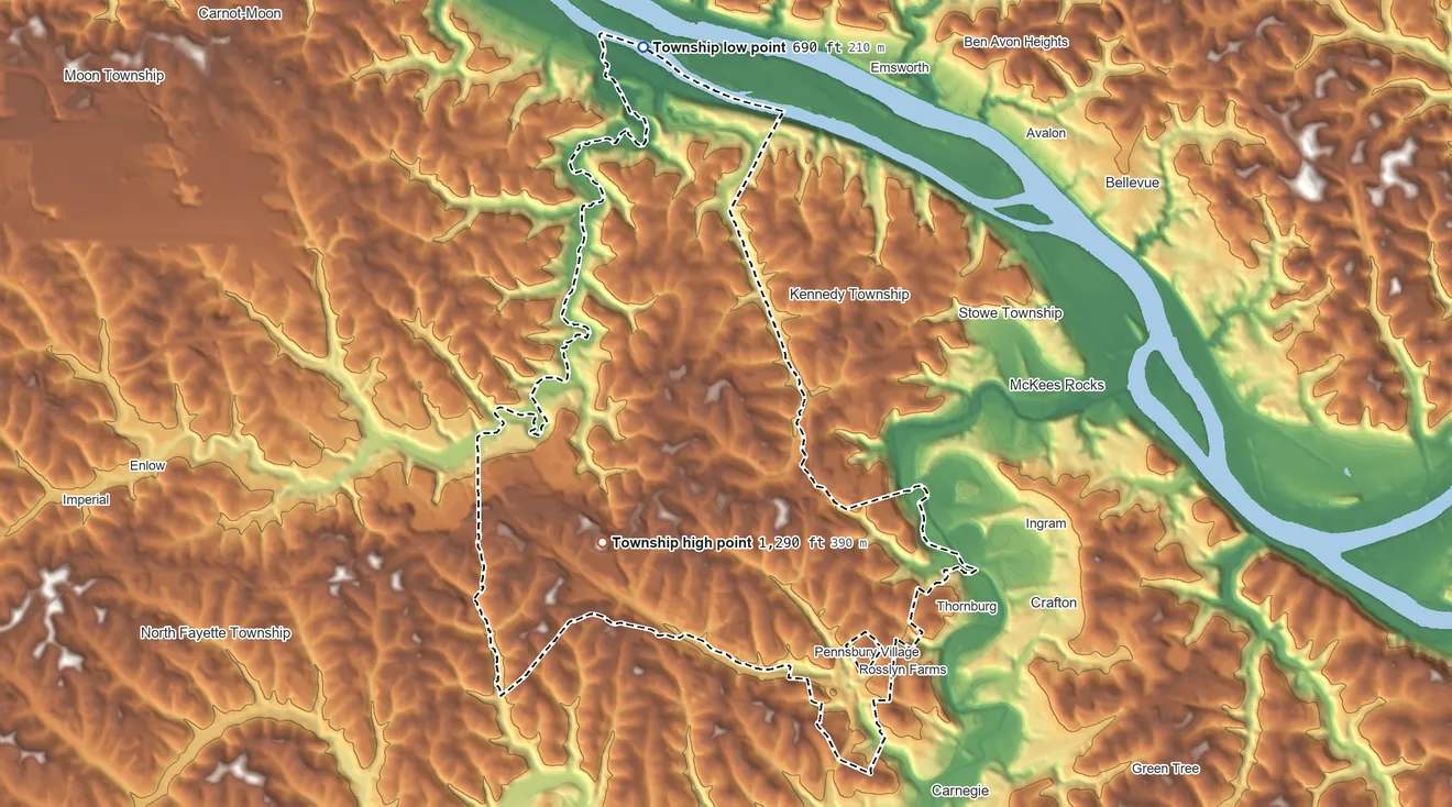Topographic elevation map of Robinson Township, Pennsylvania, shaded from 690 ft on the north side to 1,290 ft on the southwest side