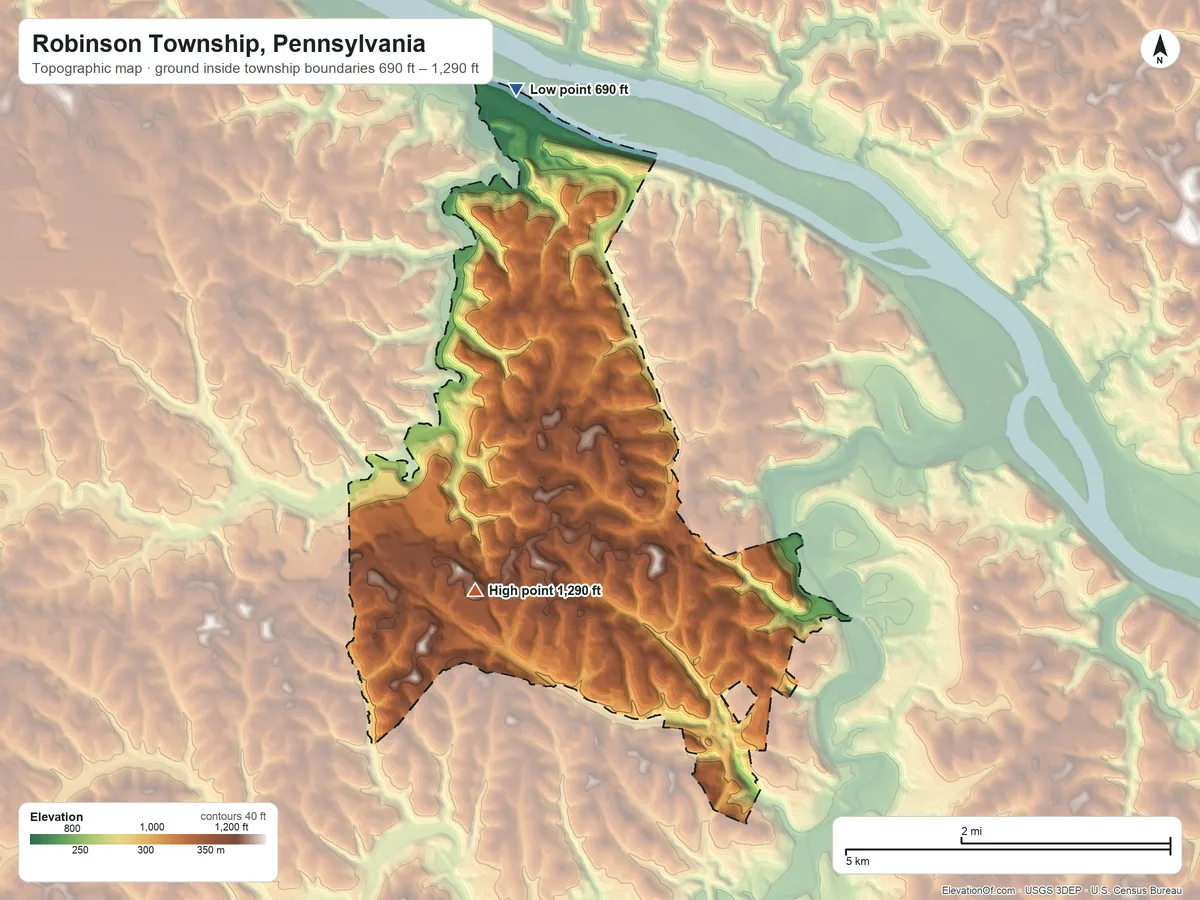 Topographic elevation map of Robinson Township, Pennsylvania, shaded from 690 ft on the north side to 1,290 ft on the southwest side
