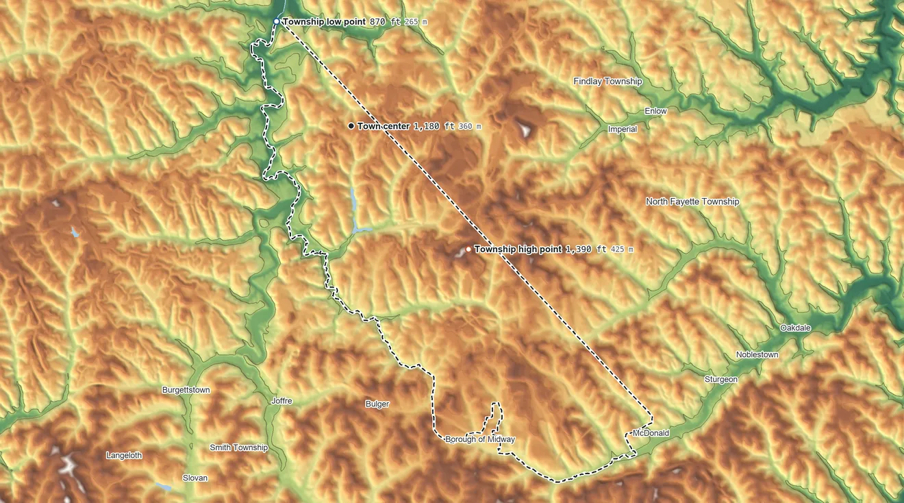 Topographic elevation map of Robinson Township, Washington County, Pennsylvania, shaded from 870 ft on the northwest side to 1,390 ft on the southeast side