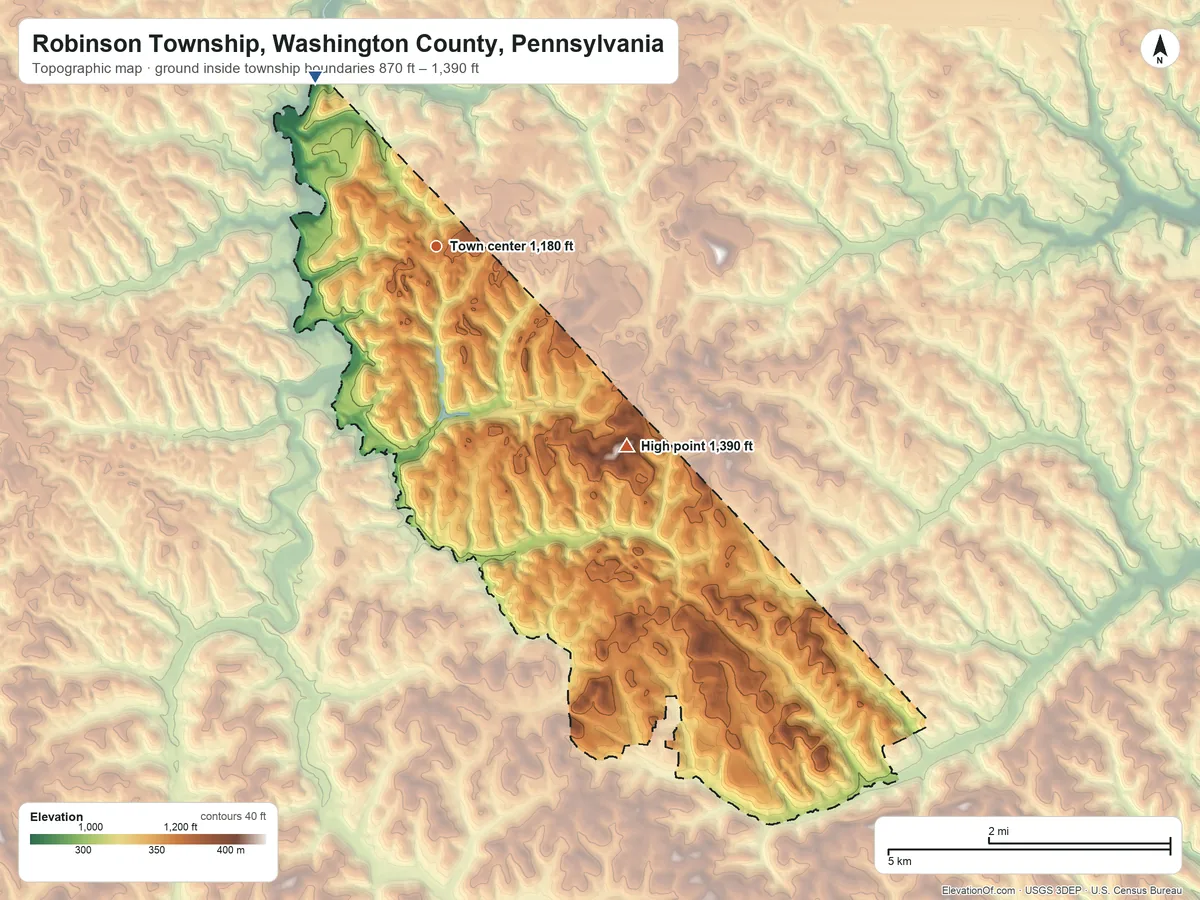 Topographic elevation map of Robinson Township, Washington County, Pennsylvania, shaded from 870 ft on the northwest side to 1,390 ft on the southeast side