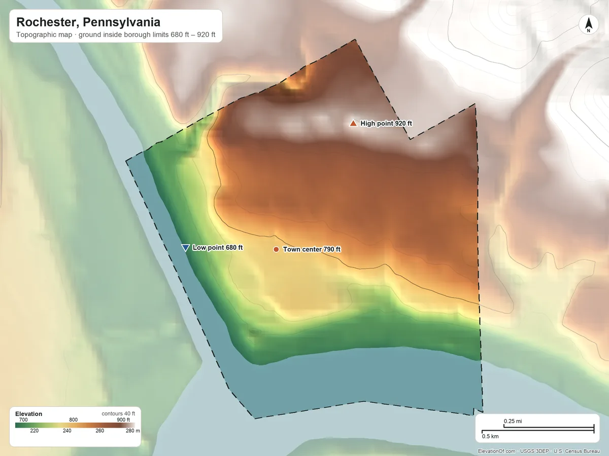 Topographic elevation map of Rochester, Pennsylvania, shaded from 680 ft on the west side to 920 ft on the northeast edge, below higher ground just outside