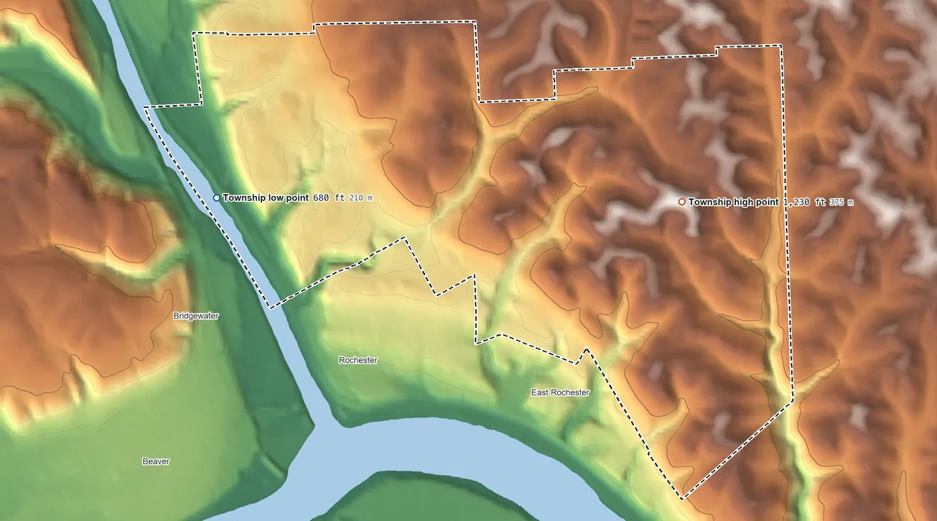 Topographic elevation map of Rochester Township, Pennsylvania, shaded from 680 ft on the west side to 1,230 ft on the east side