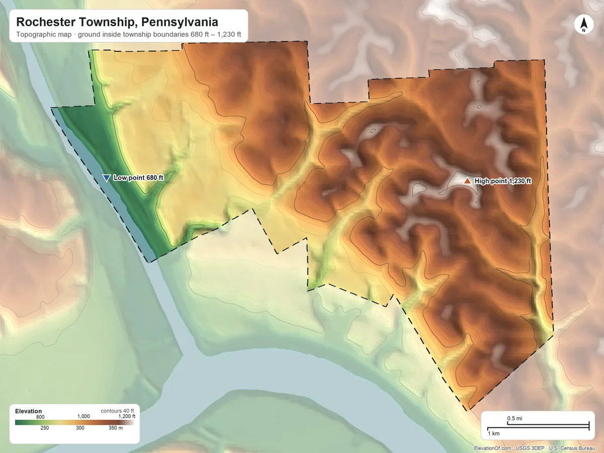 Topographic elevation map of Rochester Township, Pennsylvania, shaded from 680 ft on the west side to 1,230 ft on the east side