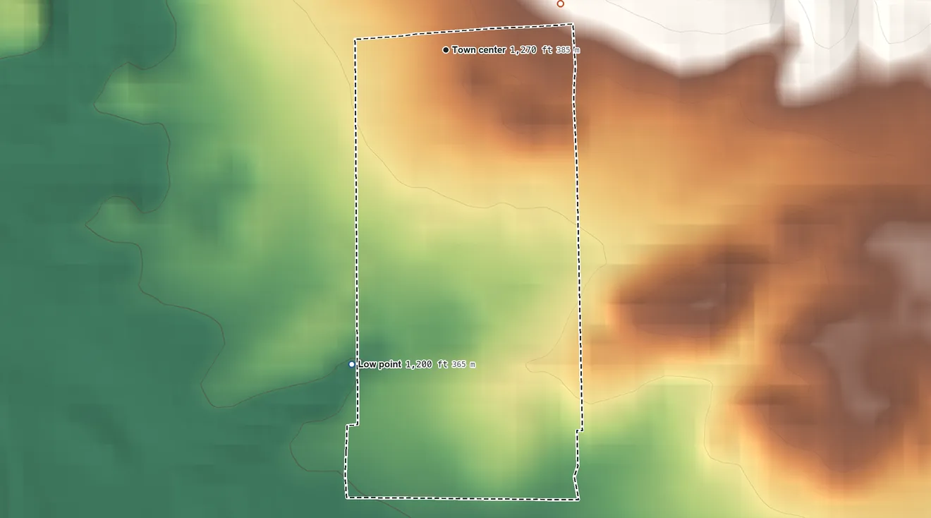 Topographic elevation map of Rockdale Acres, Pennsylvania, shaded from 1,200 ft on the south side to 1,310 ft on the east edge, below higher ground just outside