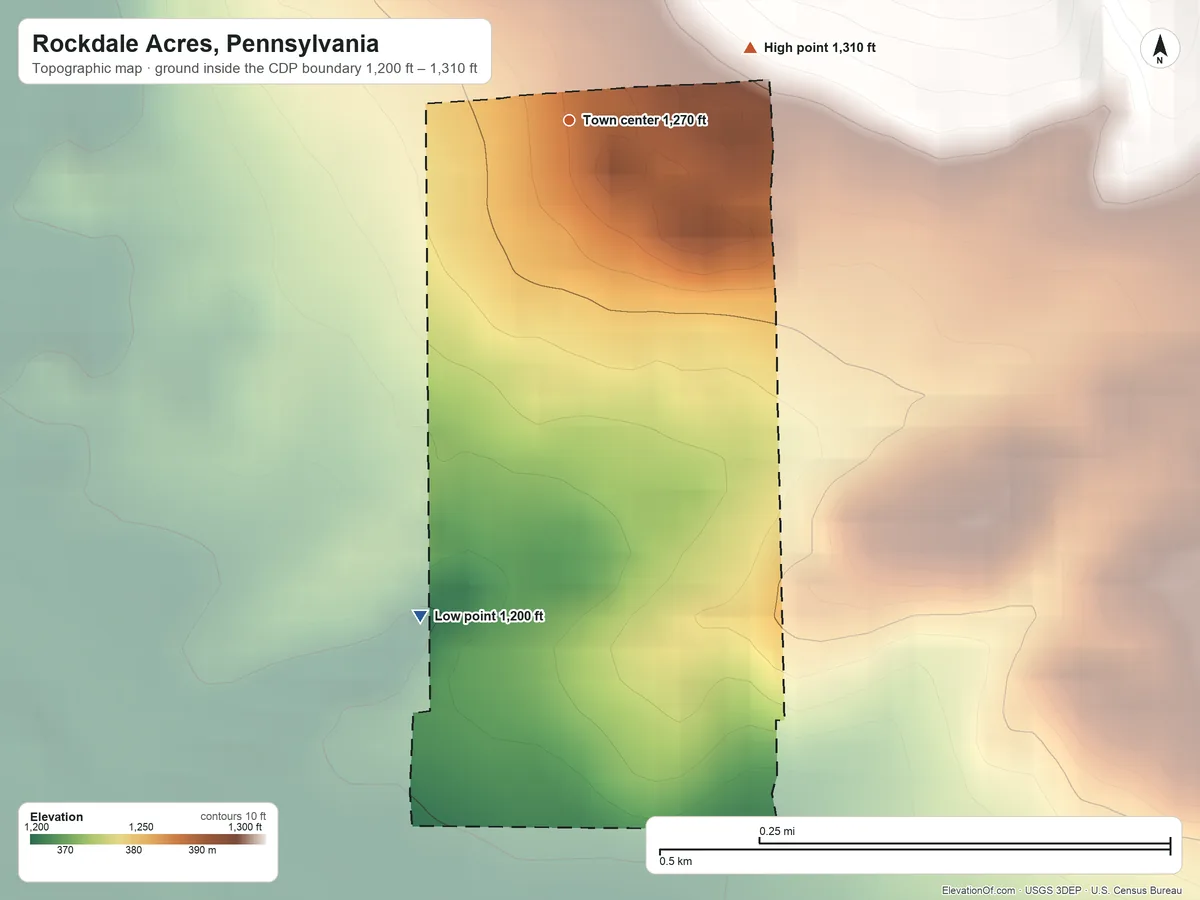 Topographic elevation map of Rockdale Acres, Pennsylvania, shaded from 1,200 ft on the south side to 1,310 ft on the east edge, below higher ground just outside