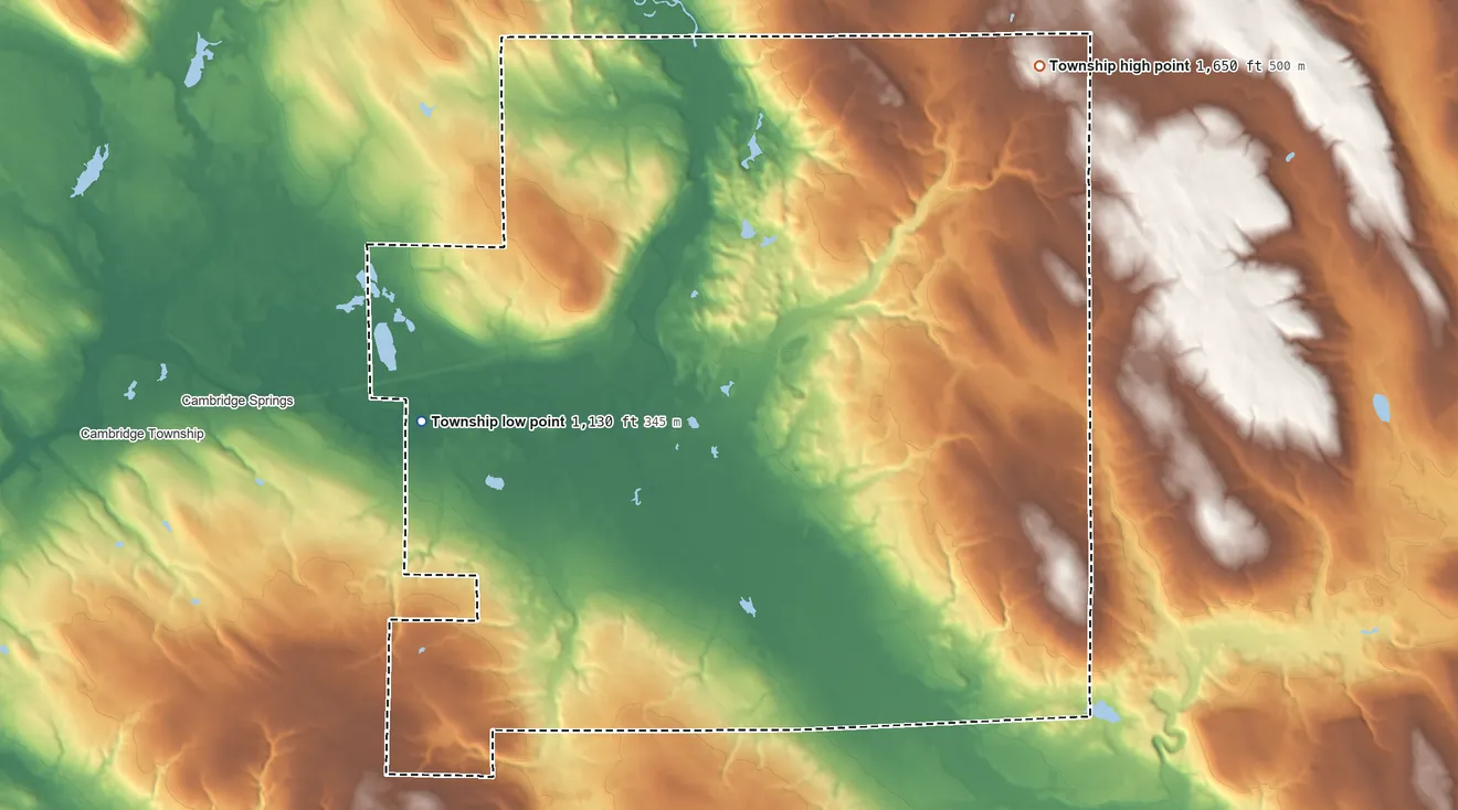 Topographic elevation map of Rockdale Township, Pennsylvania, shaded from 1,130 ft on the west side to 1,650 ft on the northeast side