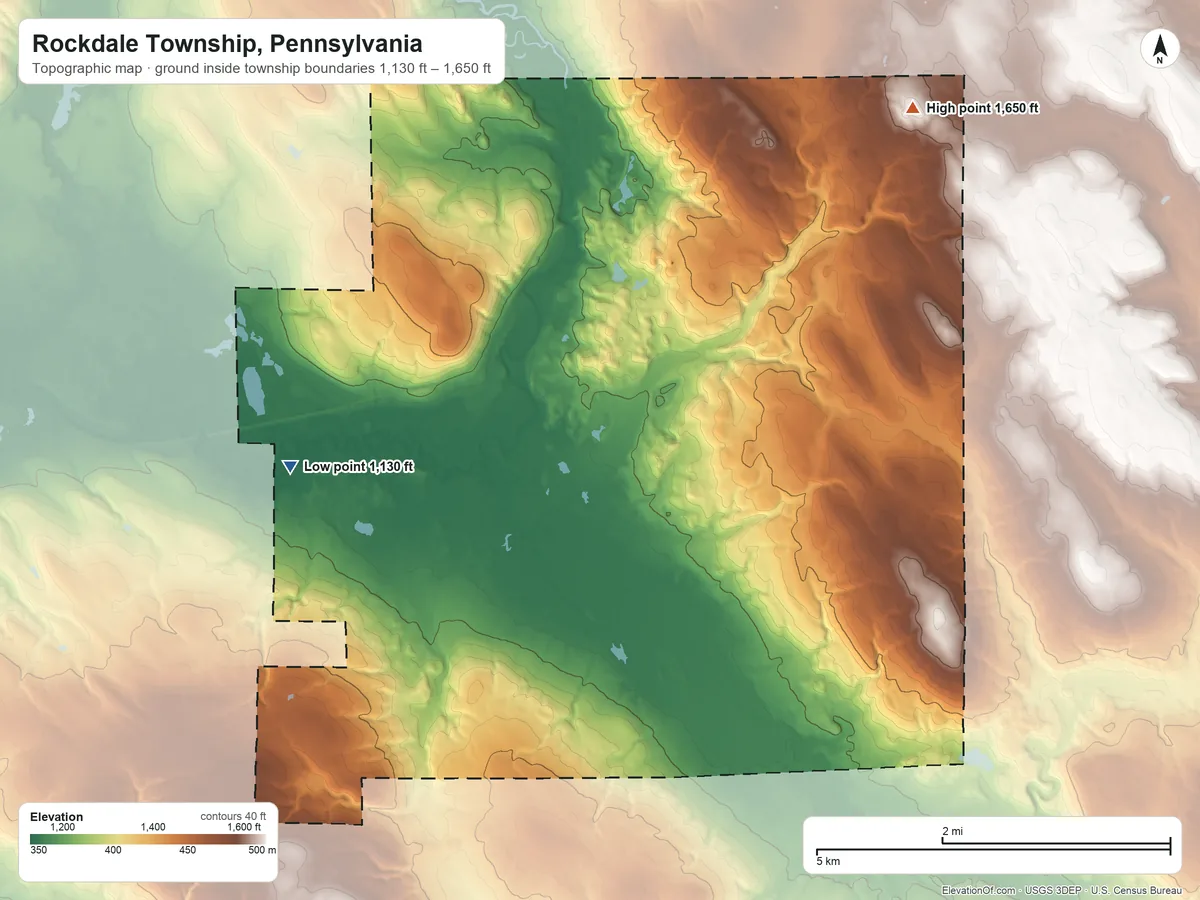 Topographic elevation map of Rockdale Township, Pennsylvania, shaded from 1,130 ft on the west side to 1,650 ft on the northeast side
